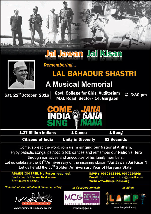 Jai Jawan Jai Kisan A Musical Memorial Remembering Lal Bahadur Shastri 22 Oct 2016